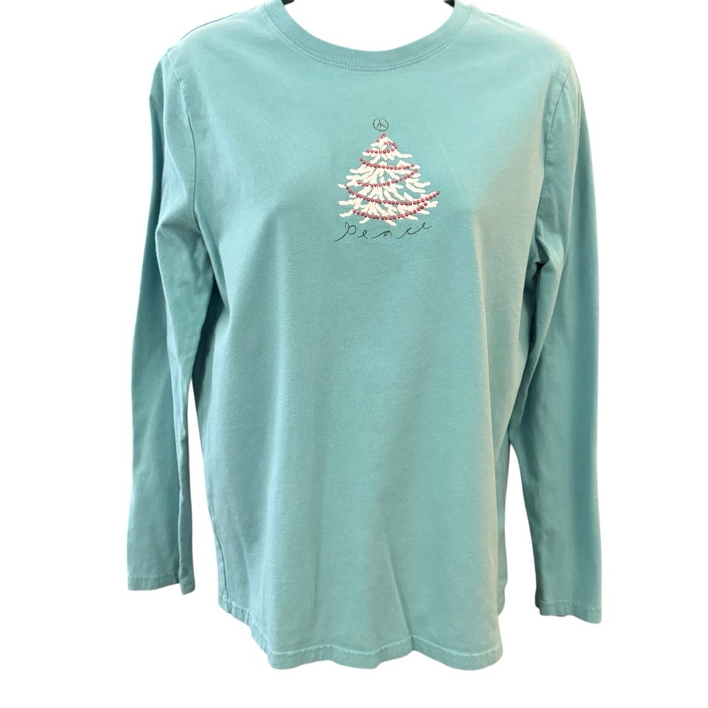 Target Peace Christmas Tree Graphic Tee Aqua Long Sleeve Holiday Women XL